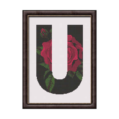 Red Rose on Black U Monogram Cross Stitch Pattern 