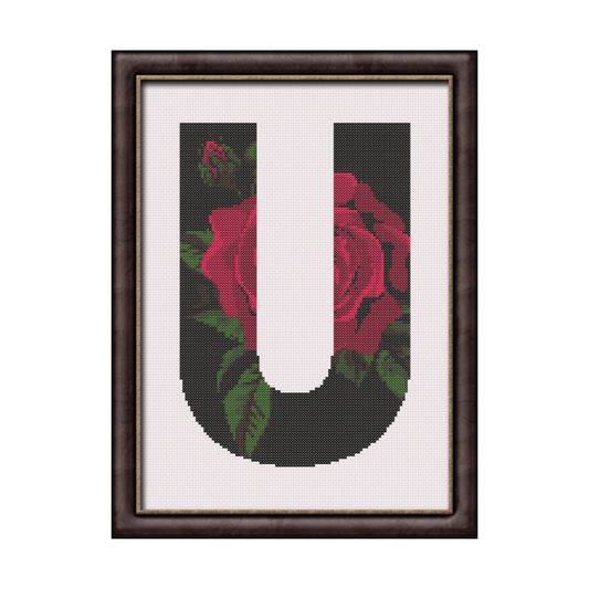 Red Rose on Black U Monogram Cross Stitch Pattern 