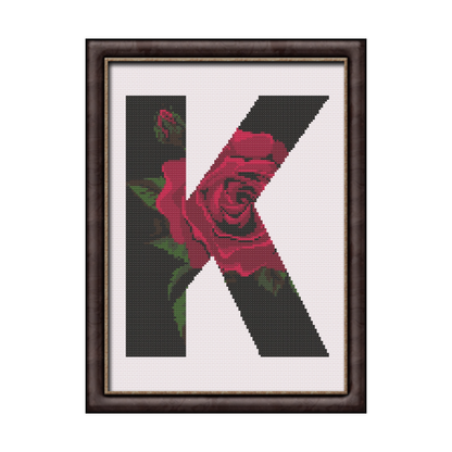 Red Rose on Black K Monogram Cross Stitch Pattern 