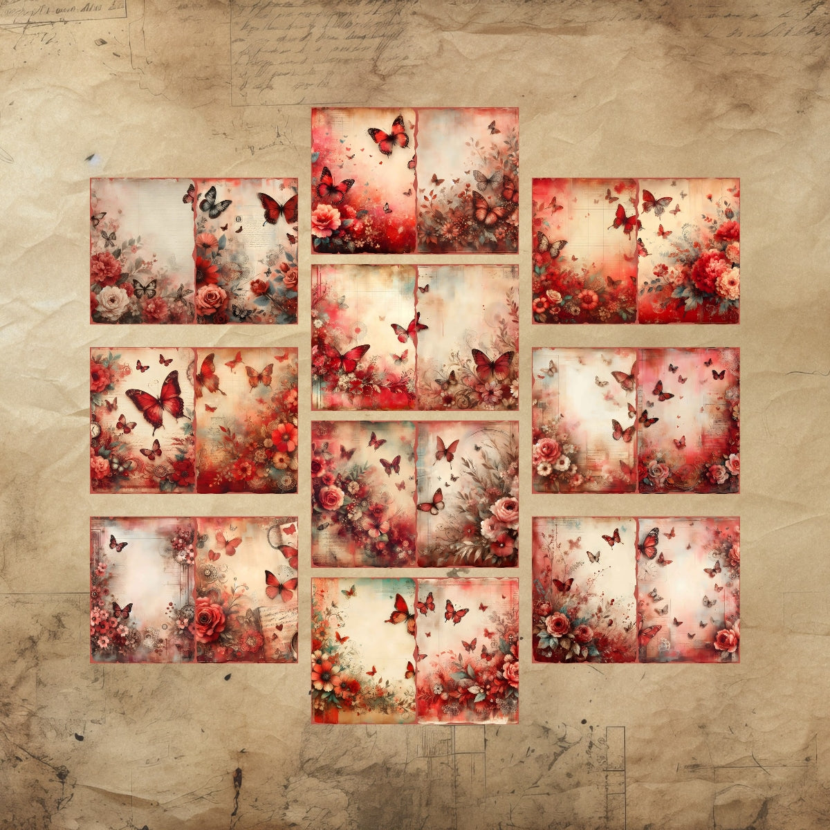 Red Flowers and Butterflies Junk Journal Pages