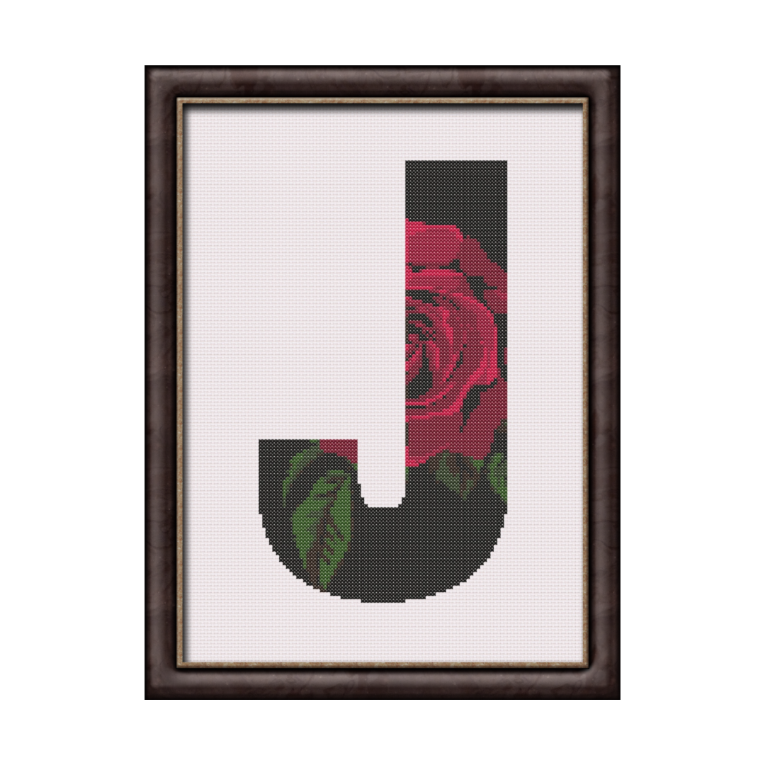 Red Rose on Black J Monogram Cross Stitch Pattern 