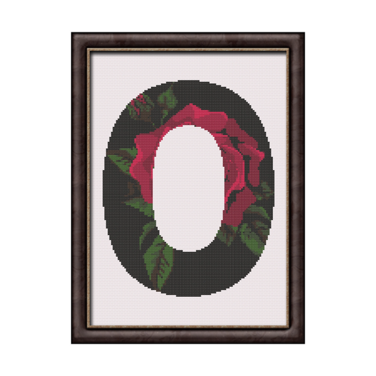 Red Rose on Black O Monogram Cross Stitch Pattern 