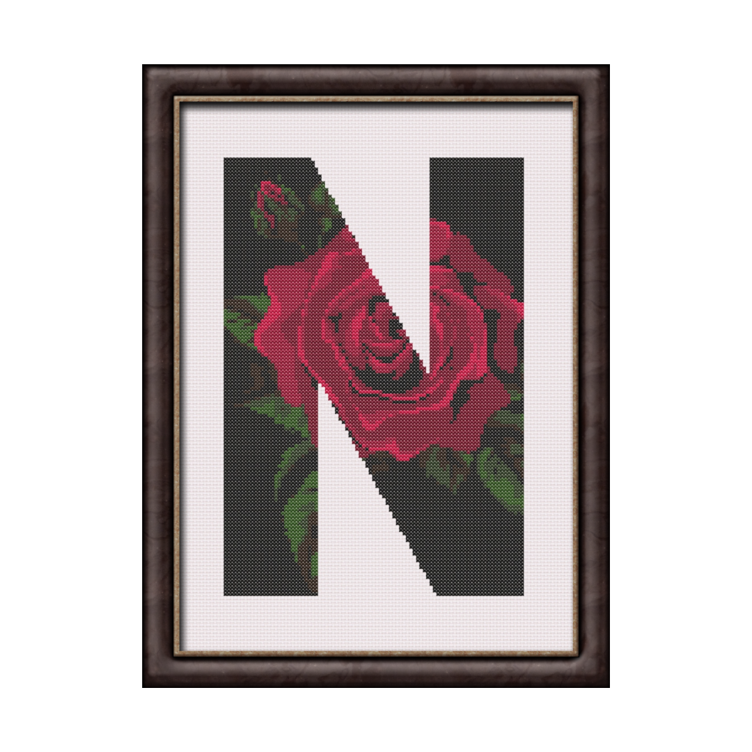 Red Rose on Black N Monogram Cross Stitch Pattern 