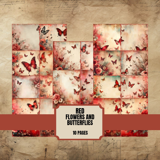 Red Flowers and Butterflies Junk Journal Pages 