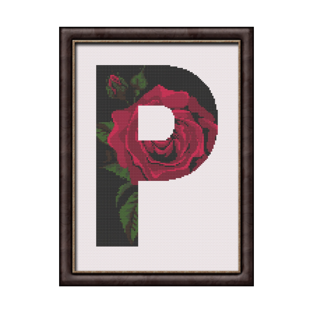 Red Rose on Black P Monogram Cross Stitch Pattern 