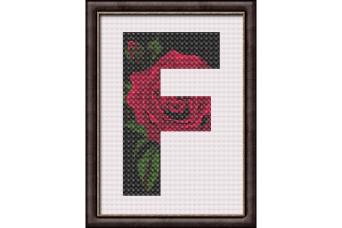 Red Rose on Black F Monogram Cross Stitch Pattern 