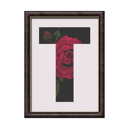 Red Rose on Black T Monogram Cross Stitch Pattern 