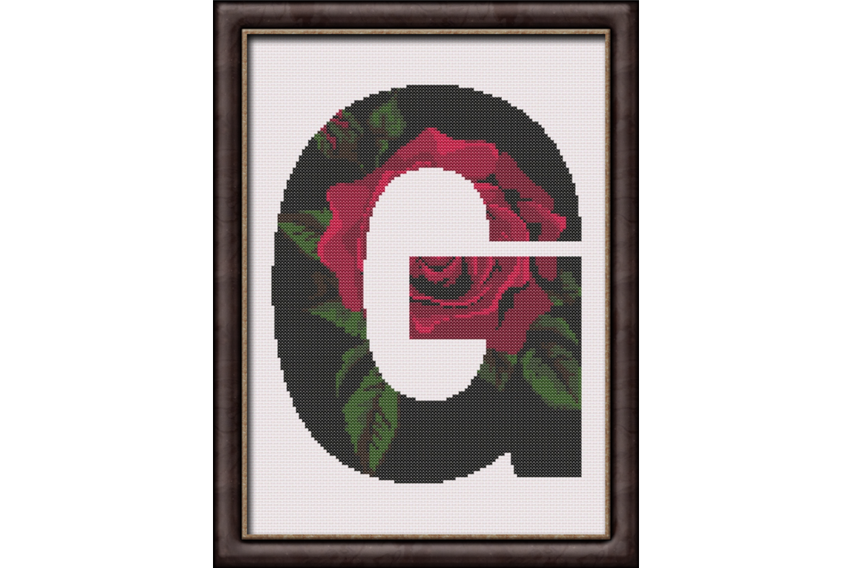 Red Rose on Black G Monogram Cross Stitch Pattern 