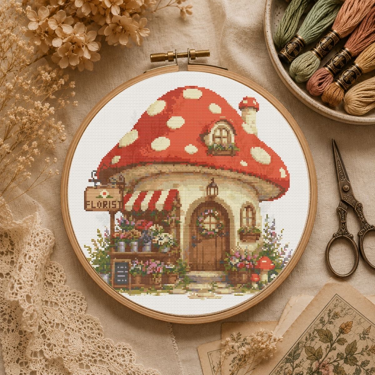Mushroom Florist Cross Stitch Pattern