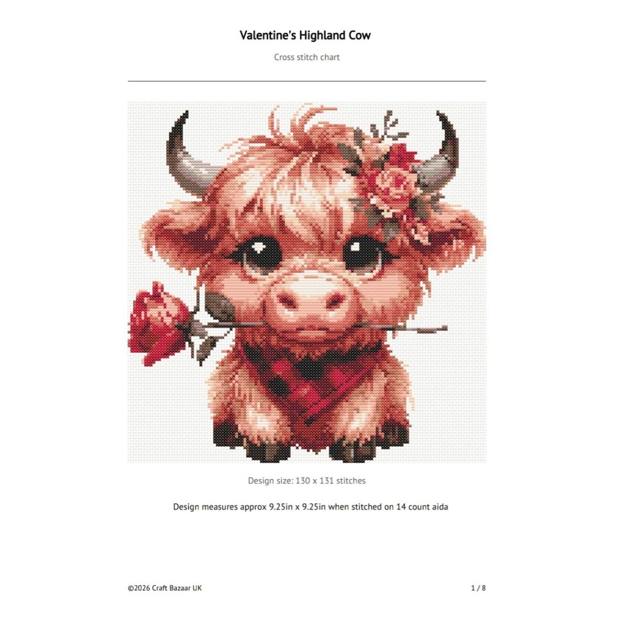 Valentine's Highland Cow Cross Stitch Pattern