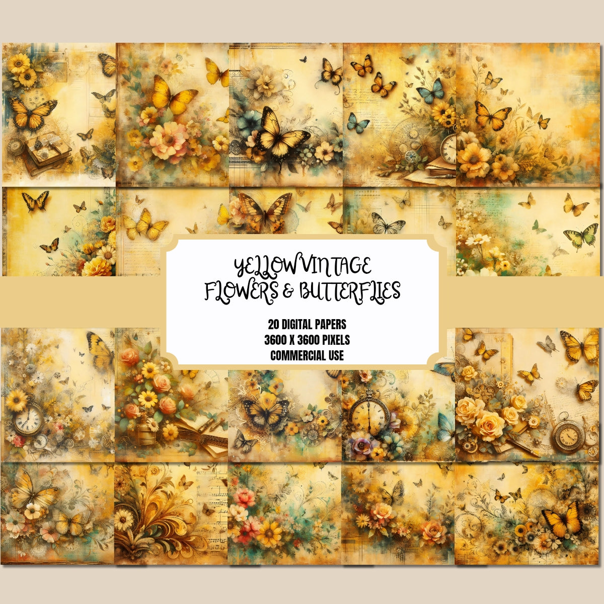 Yellow Vintage Flowers & Butterflies Digital Paper 
