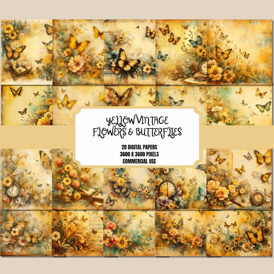 Yellow Vintage Flowers & Butterflies Digital Paper 
