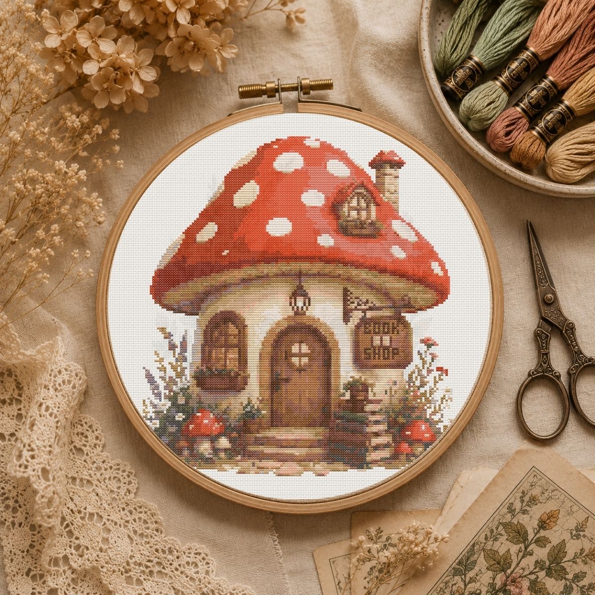 Mushroom Book Shop Cross Stitch Pattern