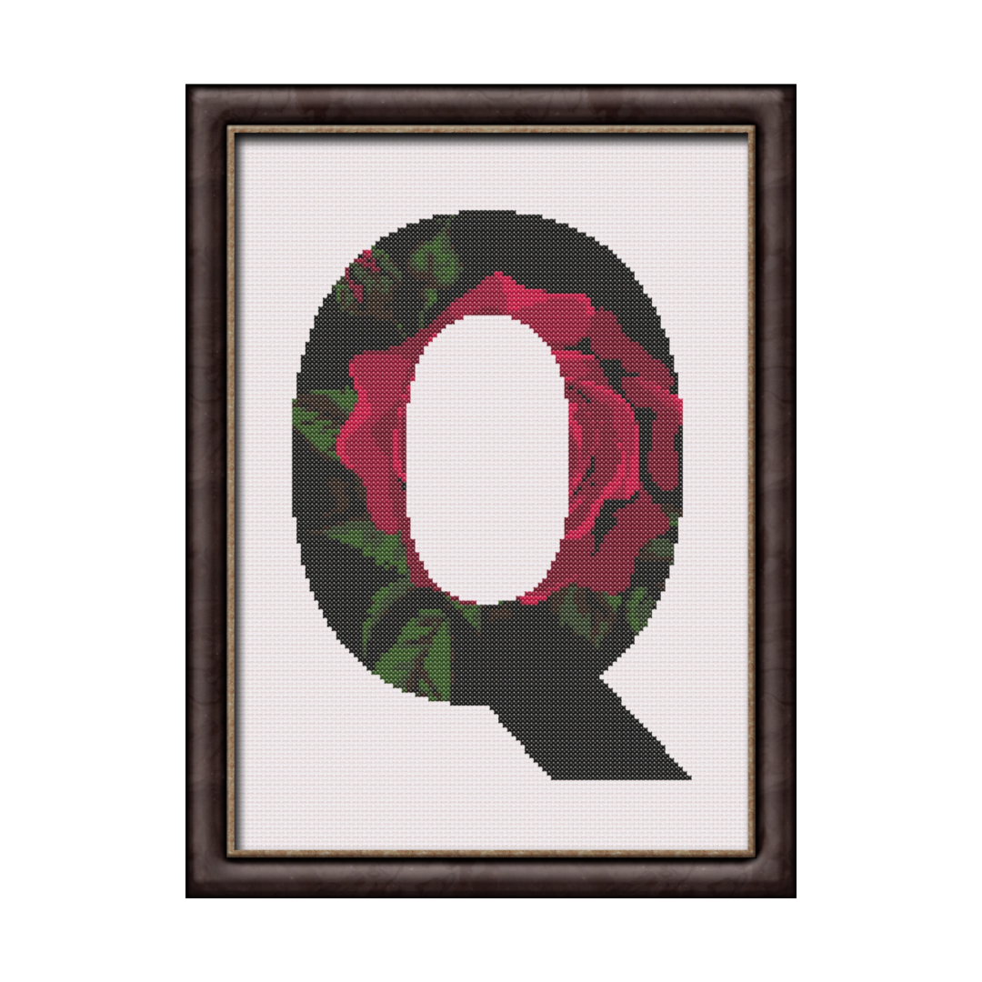 Red Rose on Black Q Monogram Cross Stitch Pattern 