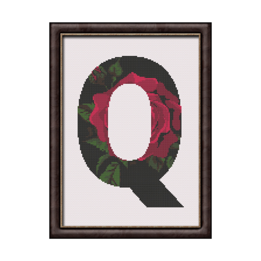 Red Rose on Black Q Monogram Cross Stitch Pattern 