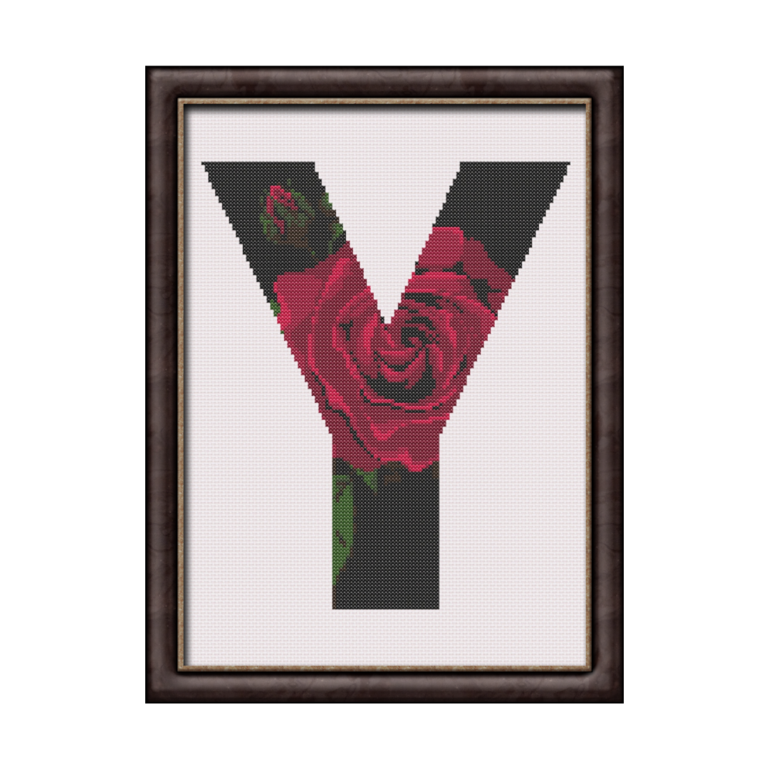 Red Rose on Black Y Monogram Cross Stitch Pattern 