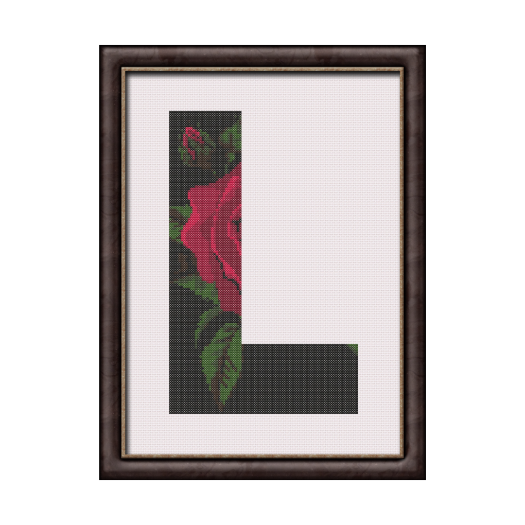 Red Rose on Black L Monogram Cross Stitch Pattern 