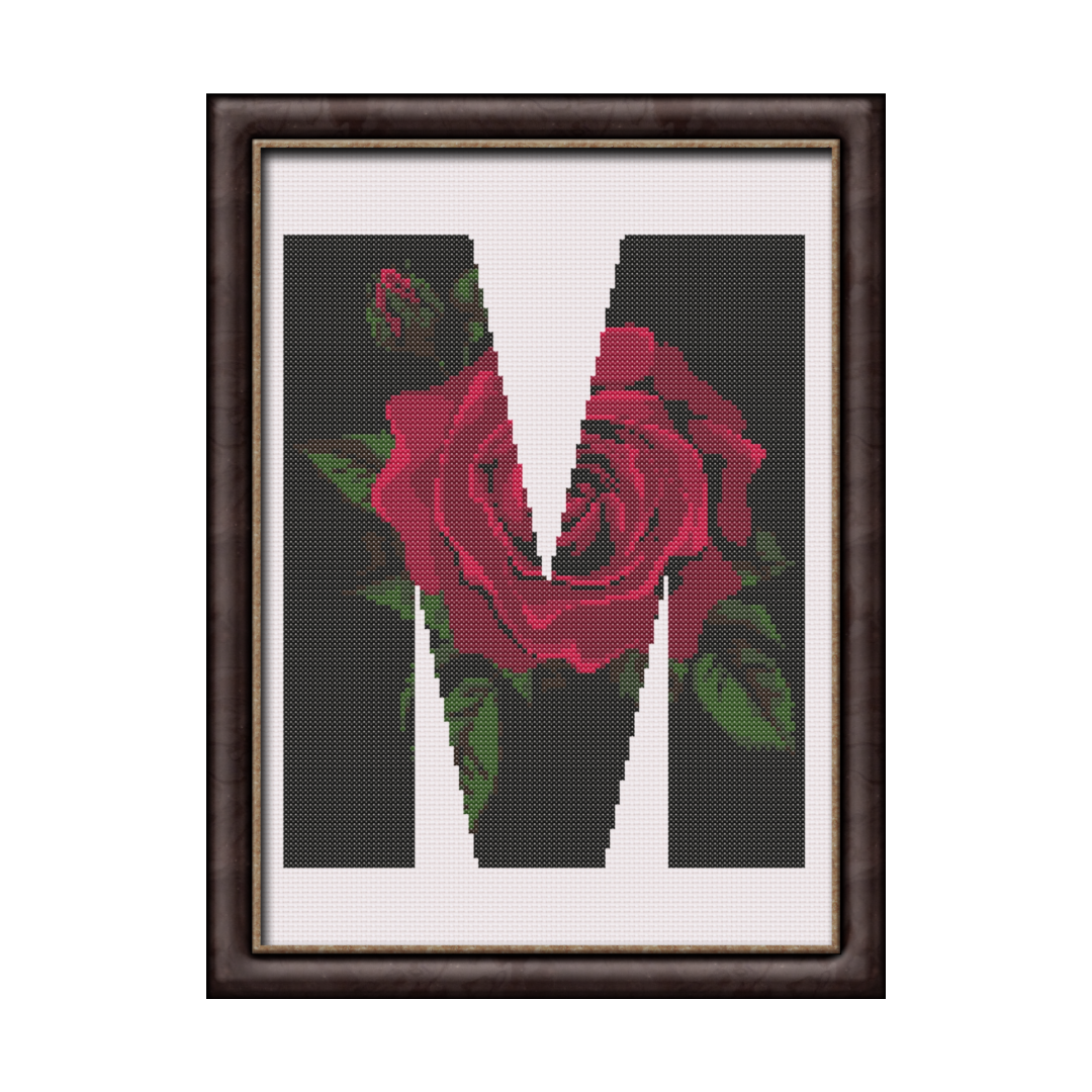 Red Rose on Black M Monogram Cross Stitch Pattern 