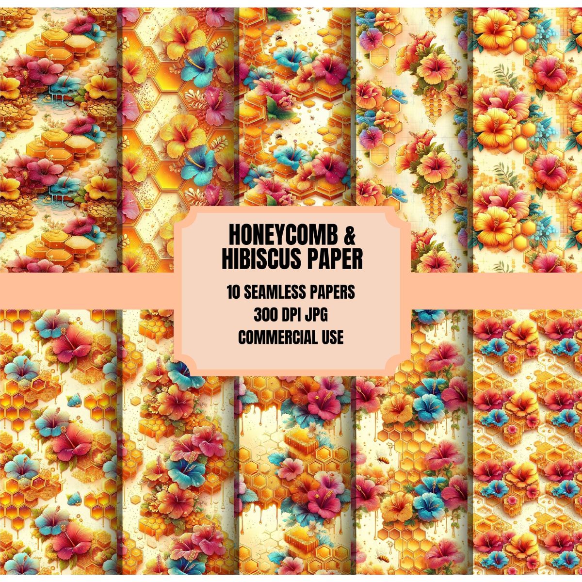 Honeycomb and Tropical Hibiscus Flower Digital Paper