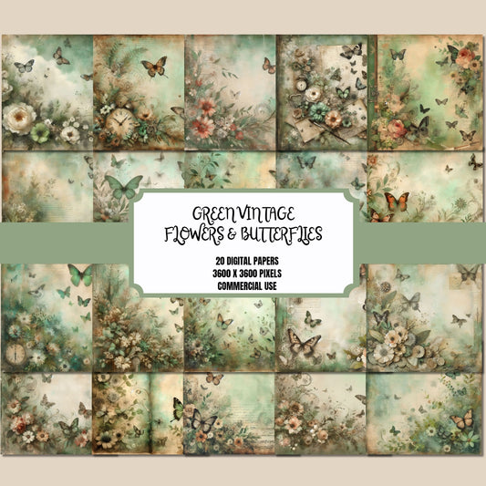 Green Vintage Flowers & Butterflies Digital Paper