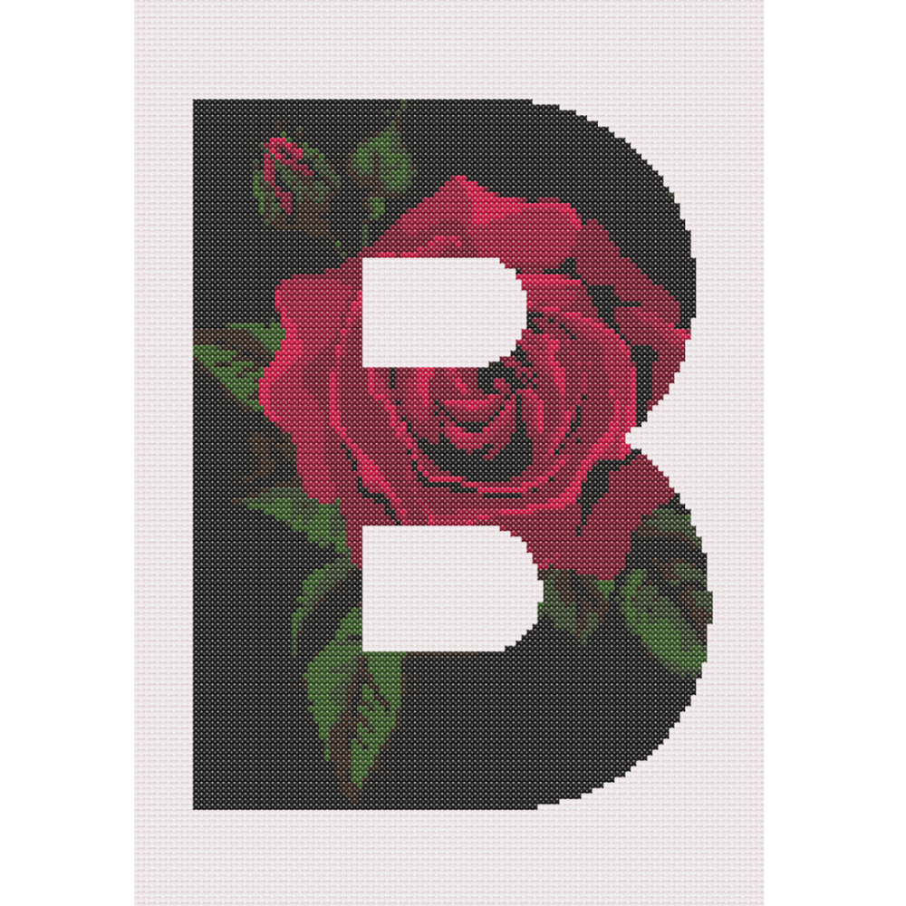 Red Rose on Black B Monogram Cross Stitch Pattern 