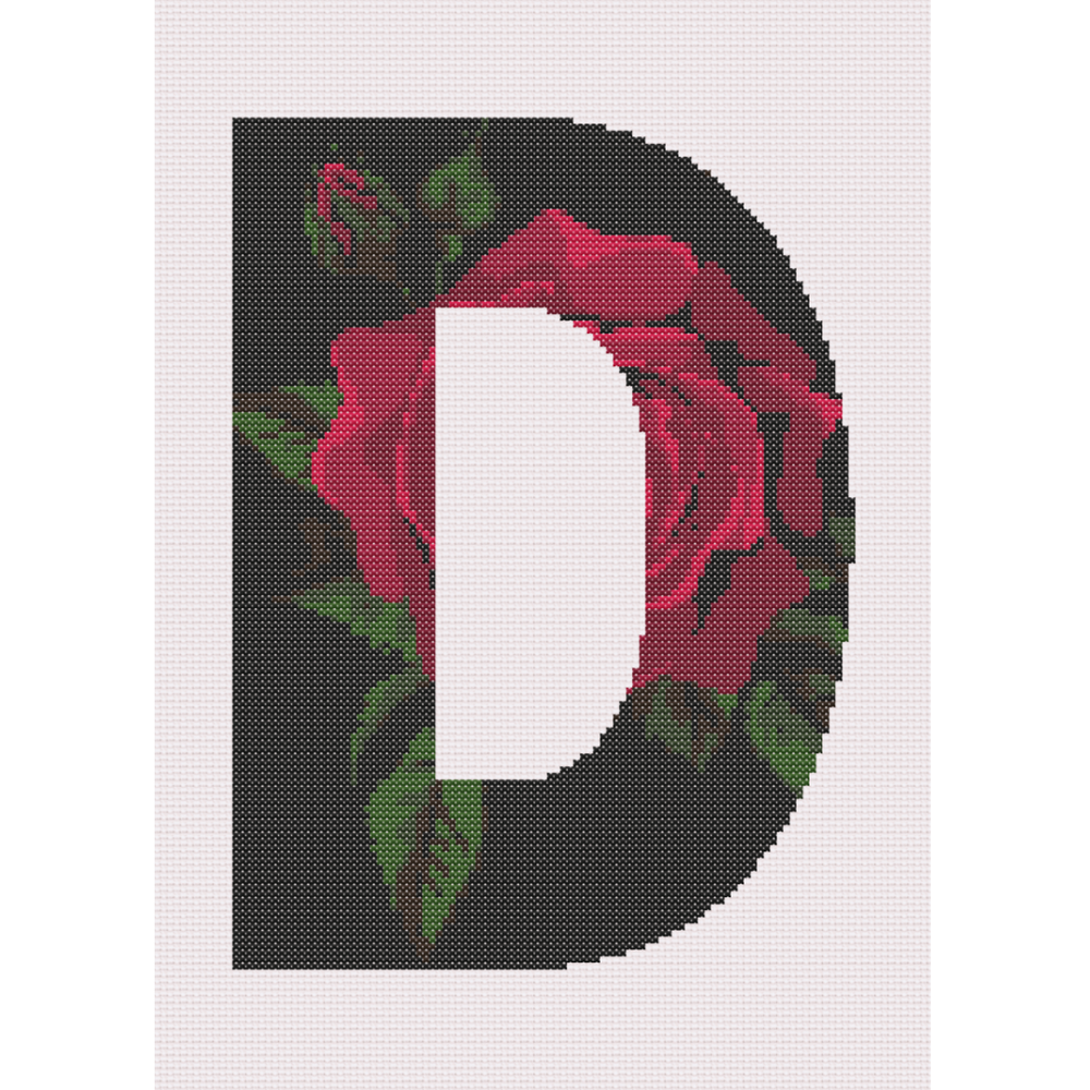 Red Rose on Black D Monogram Cross Stitch Pattern 