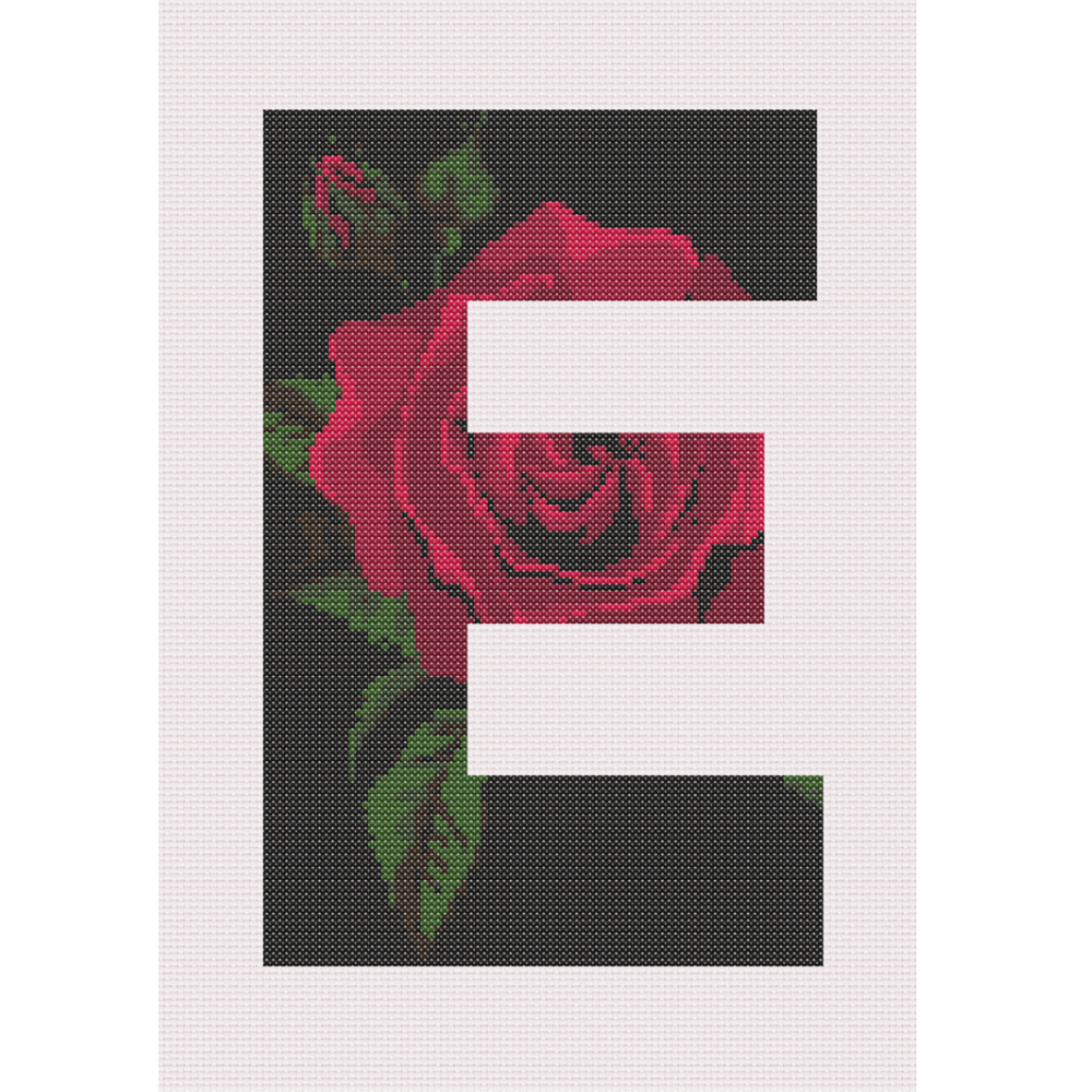 Red Rose on Black E Monogram Cross Stitch Pattern 