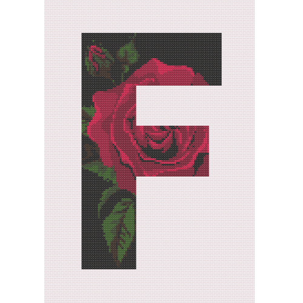 Red Rose on Black F Monogram Cross Stitch Pattern 