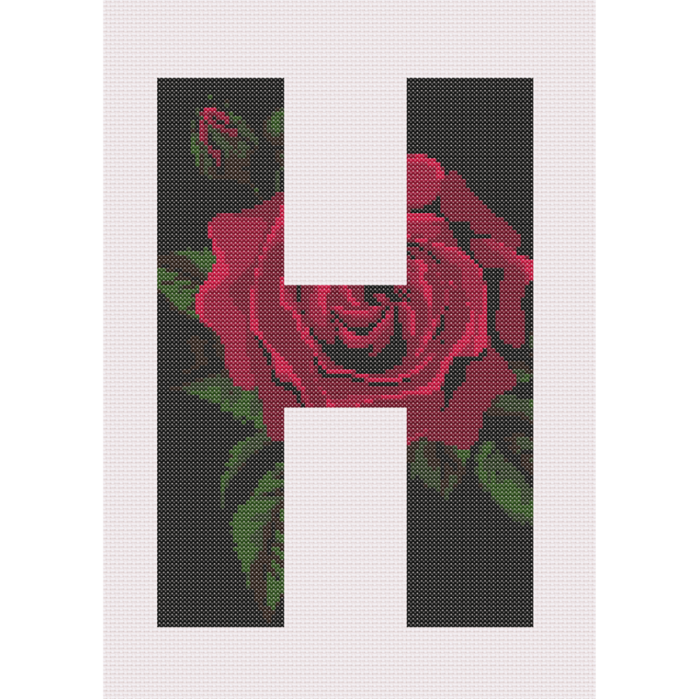 Red Rose on Black H Monogram Cross Stitch Pattern 