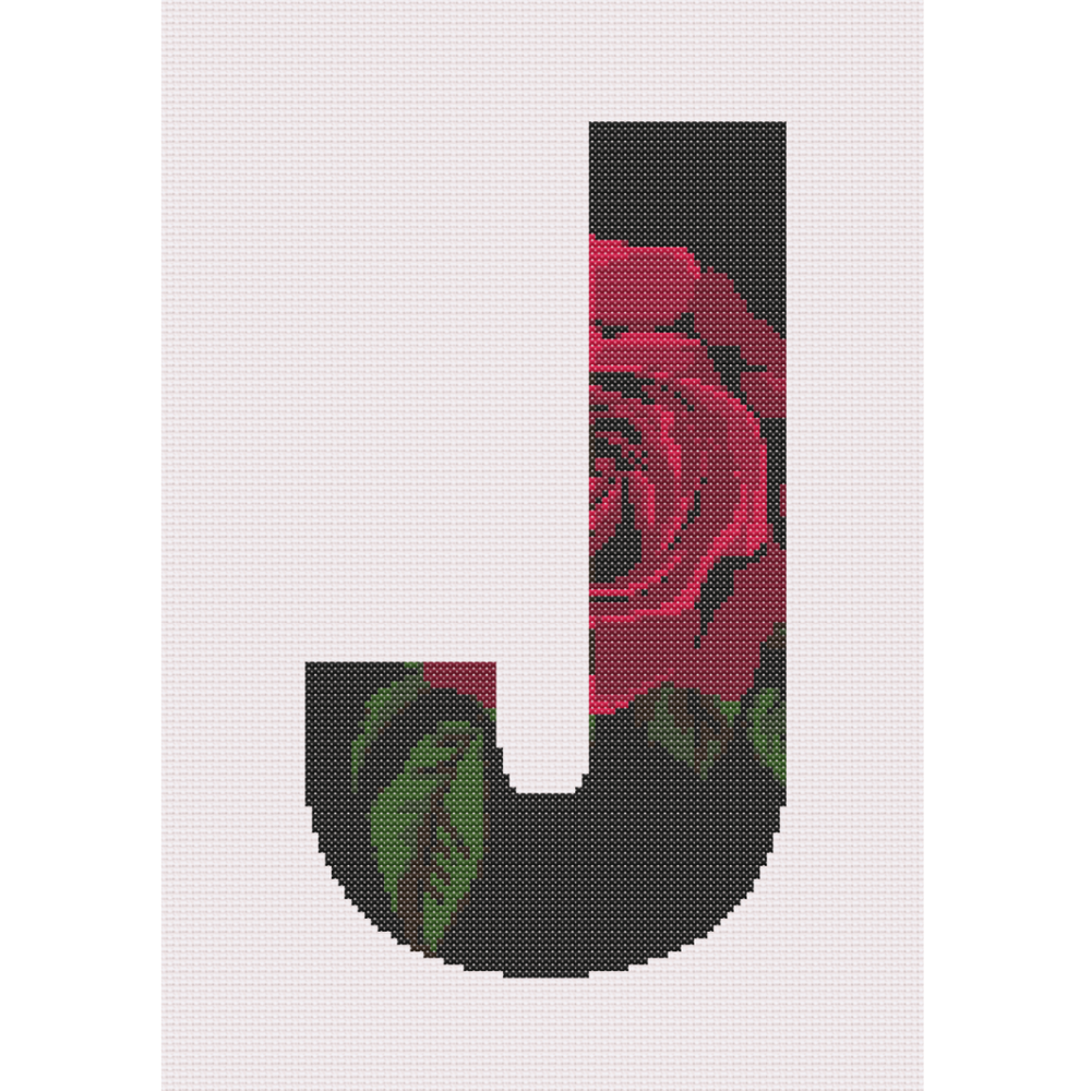 Red Rose on Black J Monogram Cross Stitch Pattern 