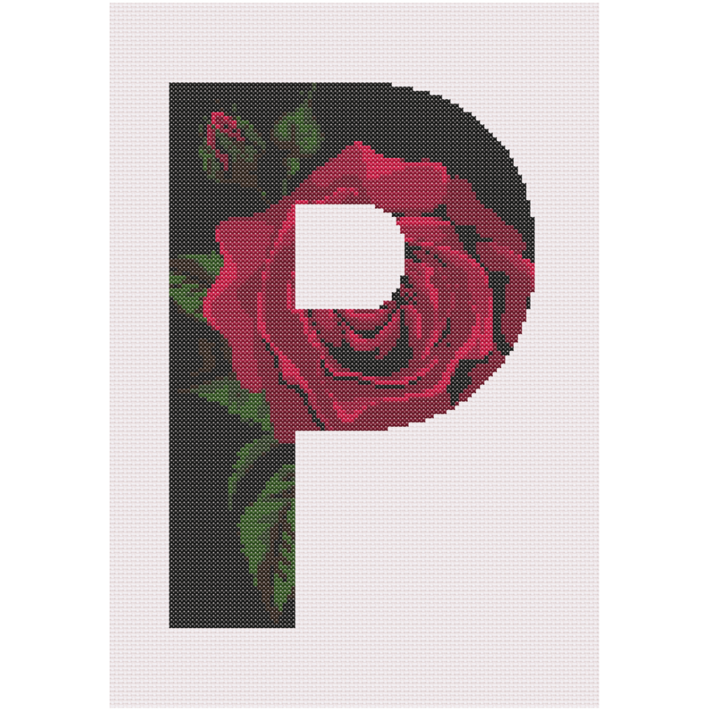 Red Rose on Black P Monogram Cross Stitch Pattern 