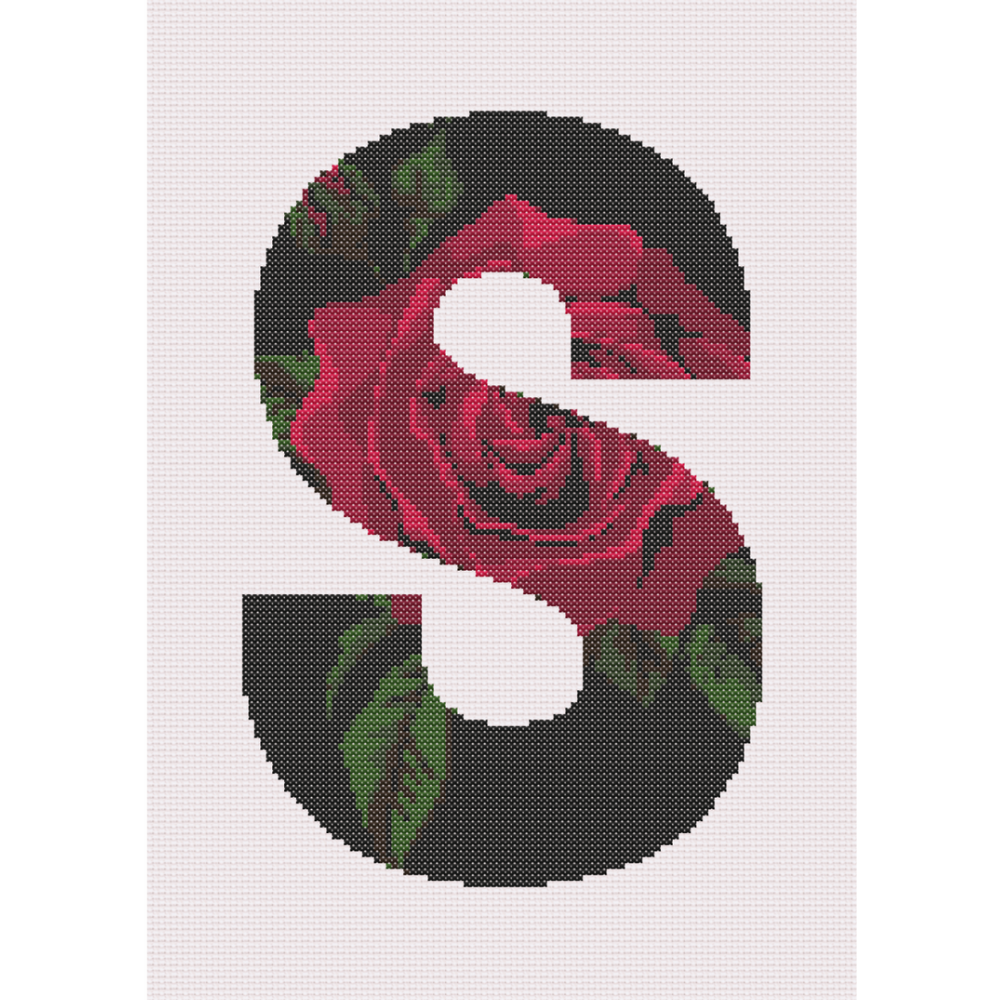 Red Rose on Black S Monogram Cross Stitch Pattern 