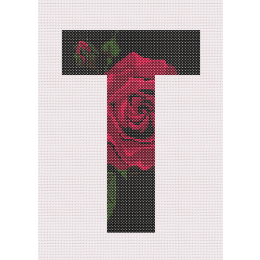 Red Rose on Black T Monogram Cross Stitch Pattern 