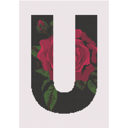 Red Rose on Black U Monogram Cross Stitch Pattern 
