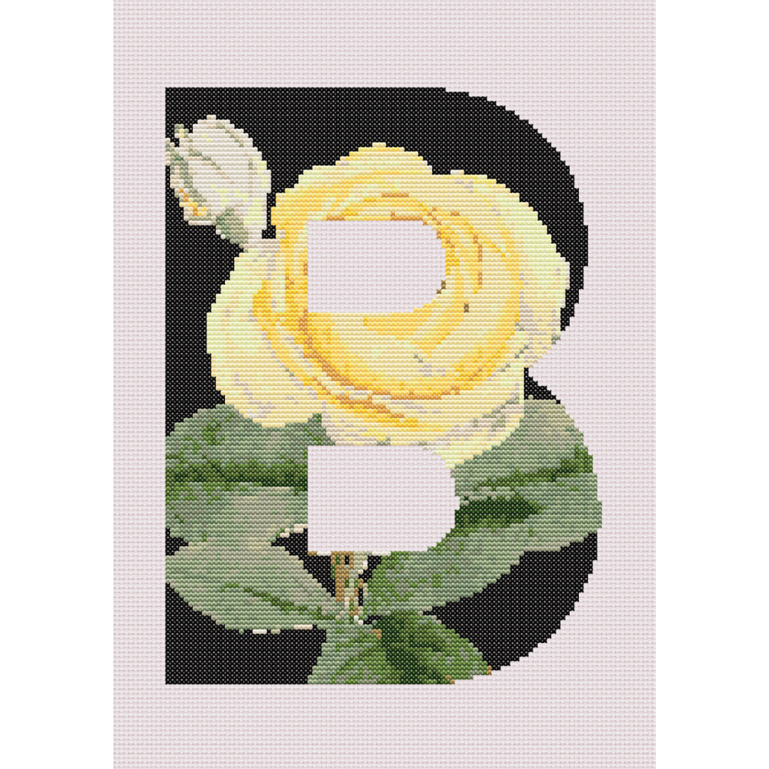 Yellow Rose on Black B Monogram Cross Stitch Pattern 