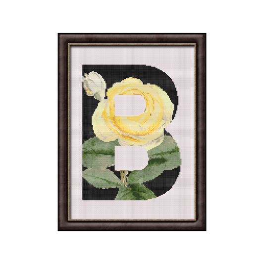 Yellow Rose on Black B Monogram Cross Stitch Pattern 