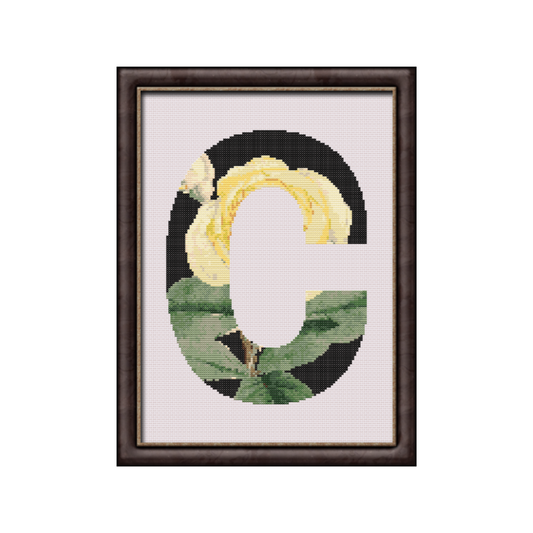 Yellow Rose on Black C Monogram Cross Stitch Pattern 