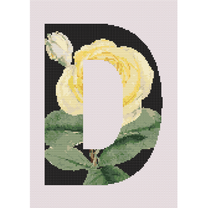 Yellow Rose on Black D Monogram Cross Stitch Pattern 