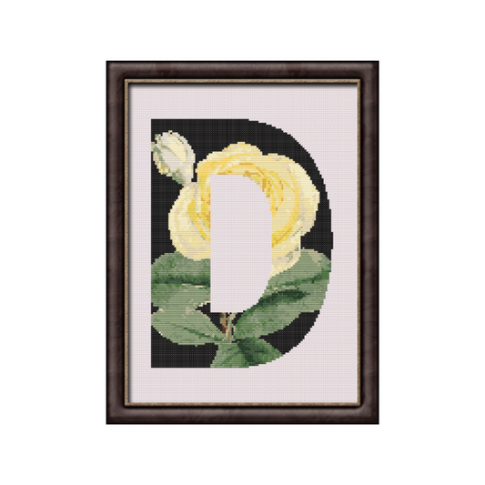 Yellow Rose on Black D Monogram Cross Stitch Pattern 