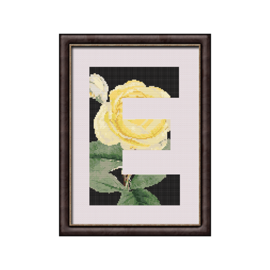 Yellow Rose on Black E Monogram Cross Stitch Pattern 
