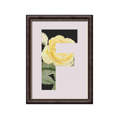 Yellow Rose on Black F Monogram Cross Stitch Pattern 