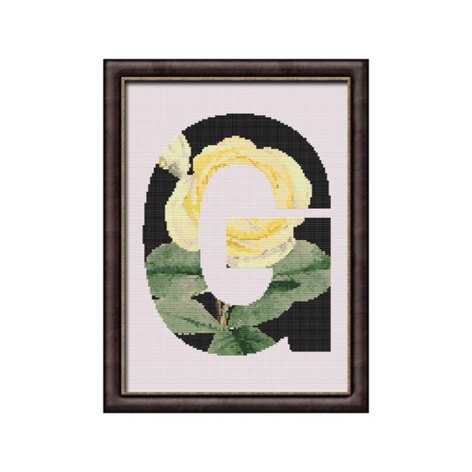 Yellow Rose on Black G Monogram Cross Stitch Pattern 