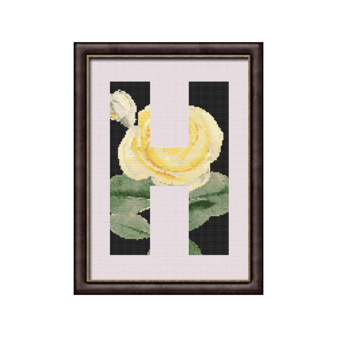 Yellow Rose on Black H Monogram Cross Stitch Pattern 
