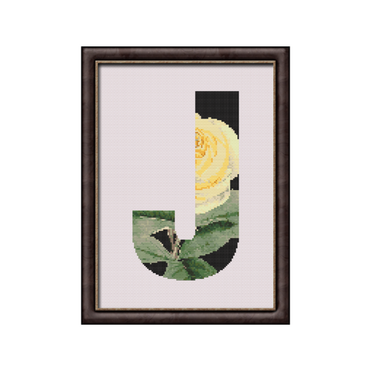 Yellow Rose on Black J Monogram Cross Stitch Pattern 
