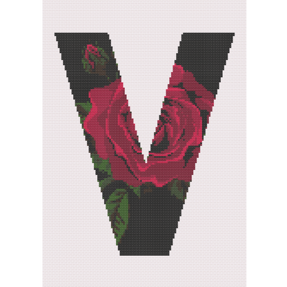 Red Rose on Black V Monogram Cross Stitch Pattern 