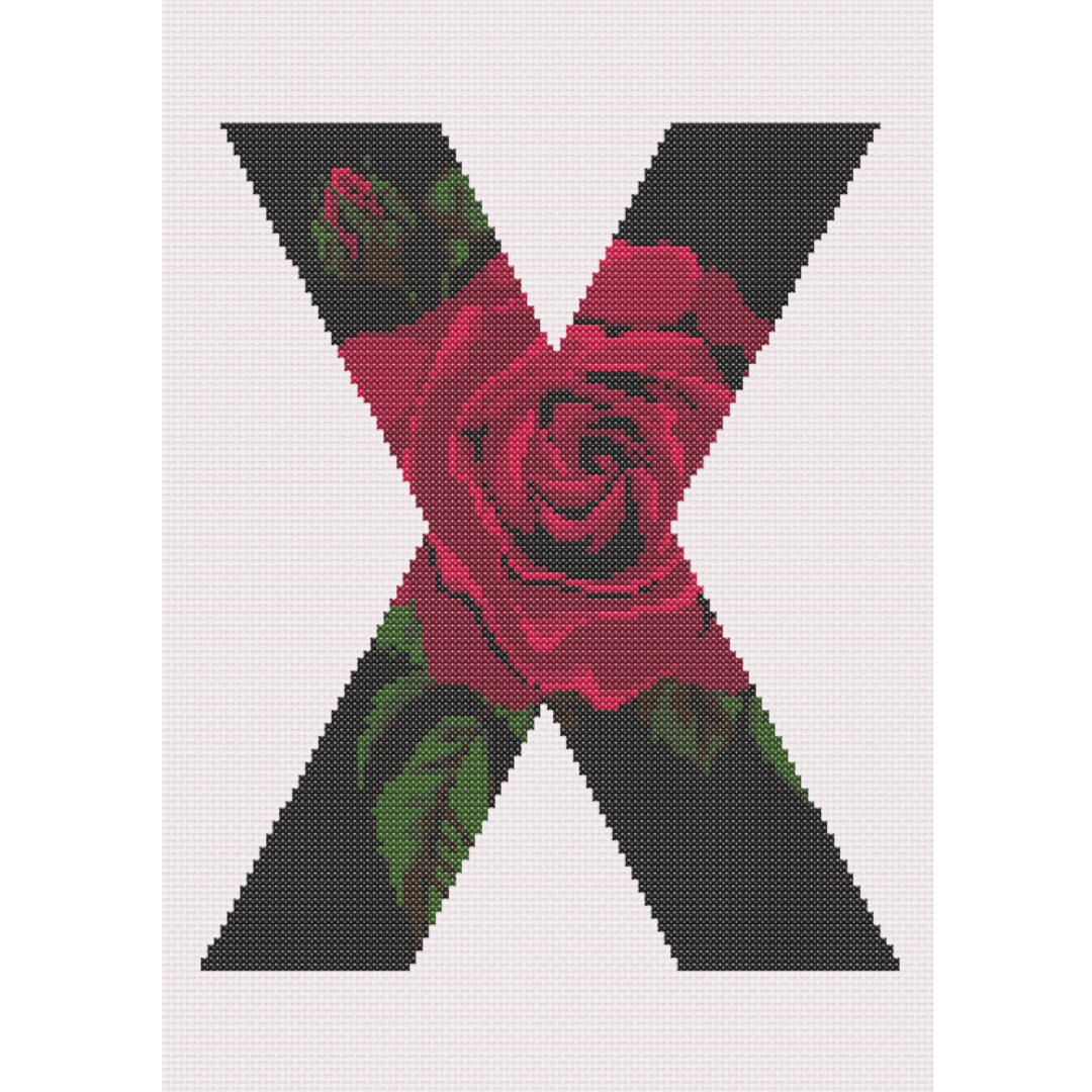 Red Rose on Black X Monogram Cross Stitch Pattern 