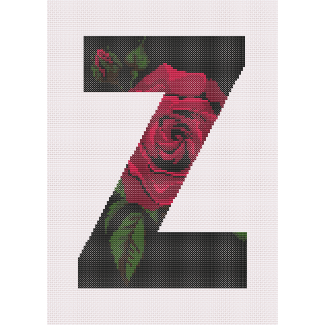 Red Rose on Black Z Monogram Cross Stitch Pattern 